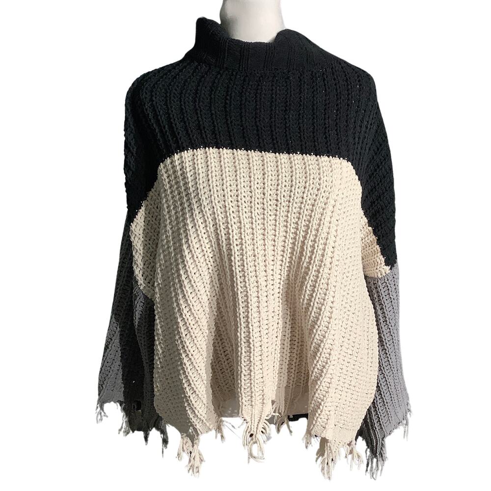 POL Colorblock Turtleneck Poncho Sweater Women S — Oversized, Boho, Cozy